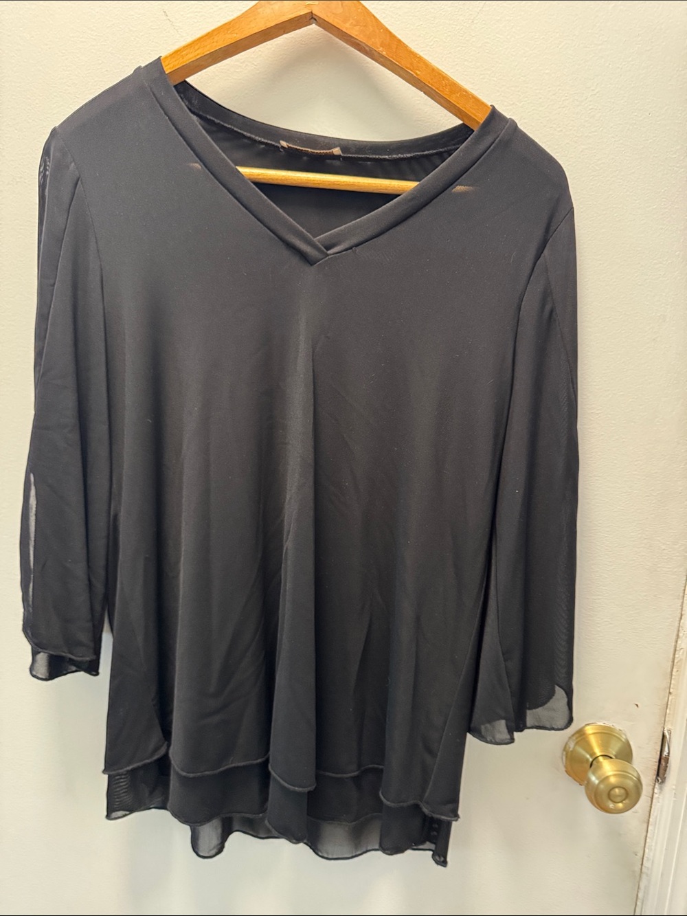 Women's Black V-Neck Layered Chiffon Hem Blouse